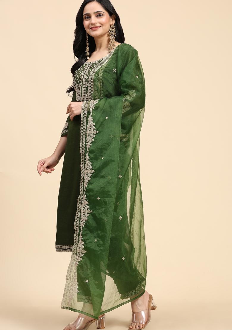 Green Embroidered Silk Kurta Set
