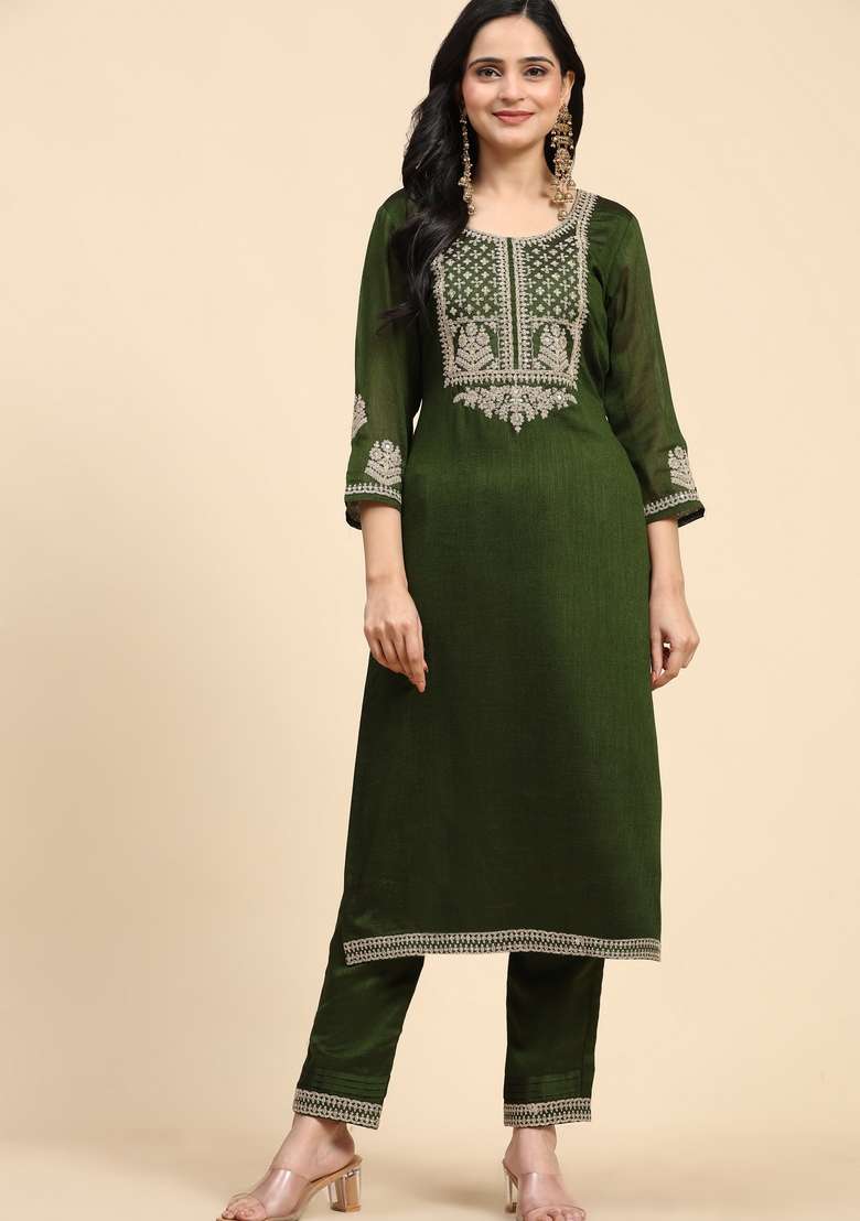 Green Embroidered Silk Kurta Set - Indya