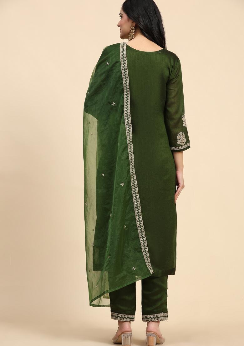Green Embroidered Silk Kurta Set