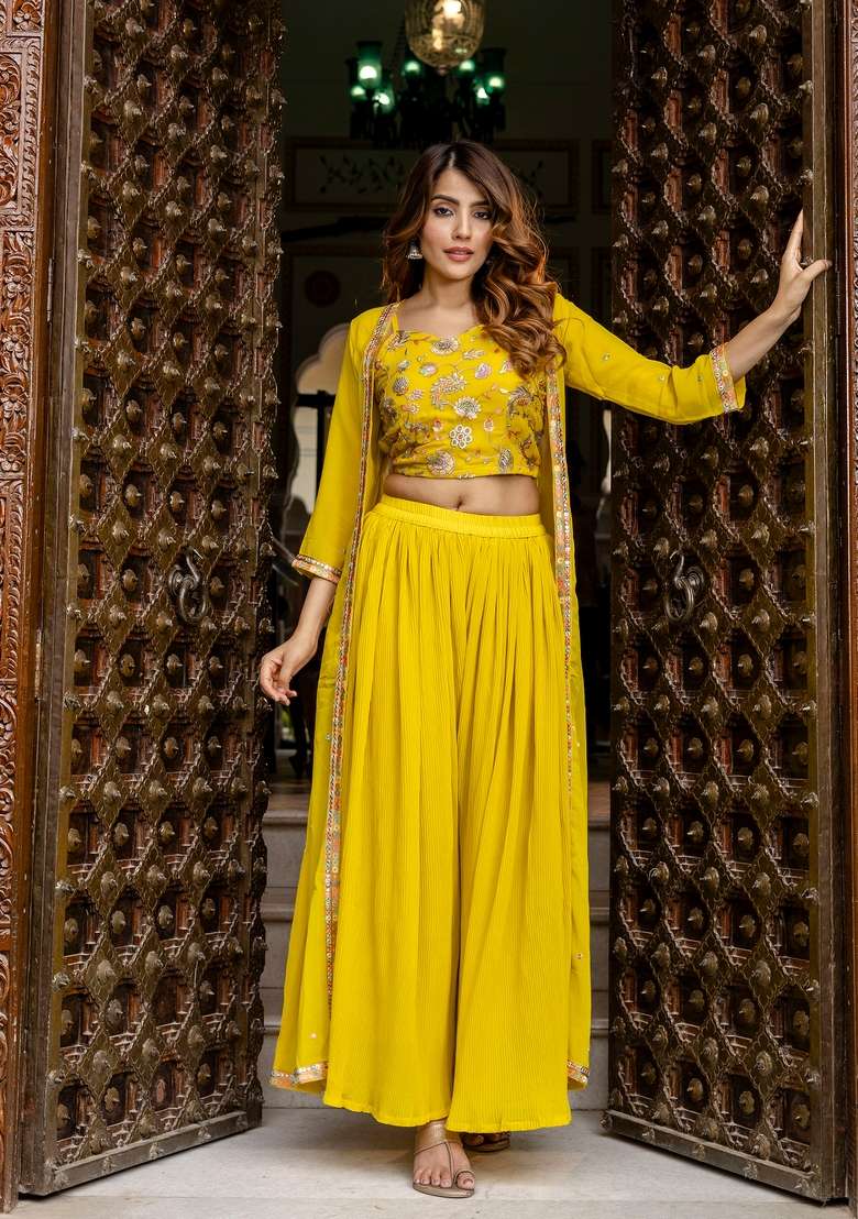 Yellow Embroidered Georgette Kurta Set - Indya