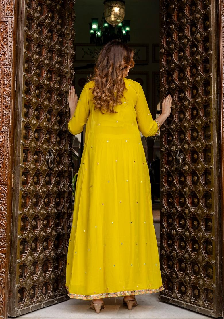 Yellow Embroidered Georgette Kurta Set