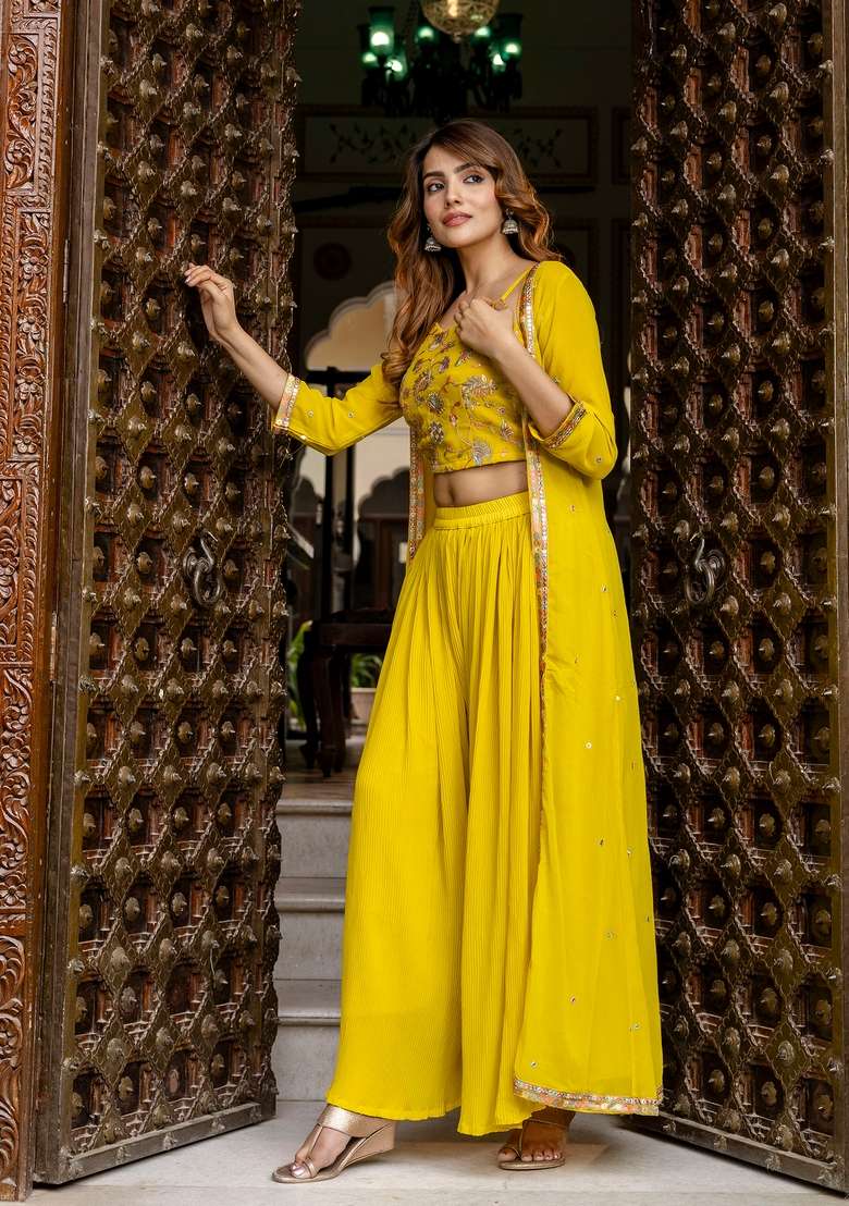 Yellow Embroidered Georgette Kurta Set - Indya