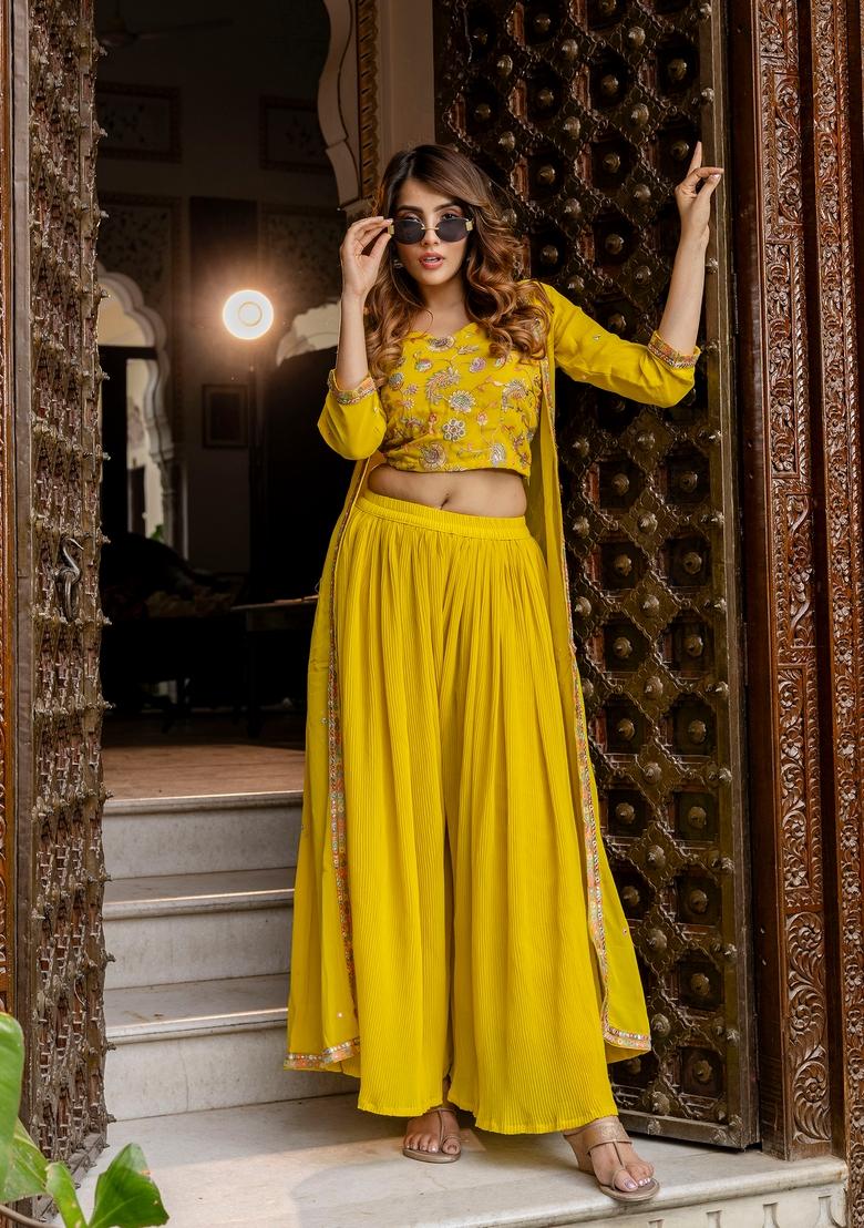 Yellow Embroidered Georgette Kurta Set