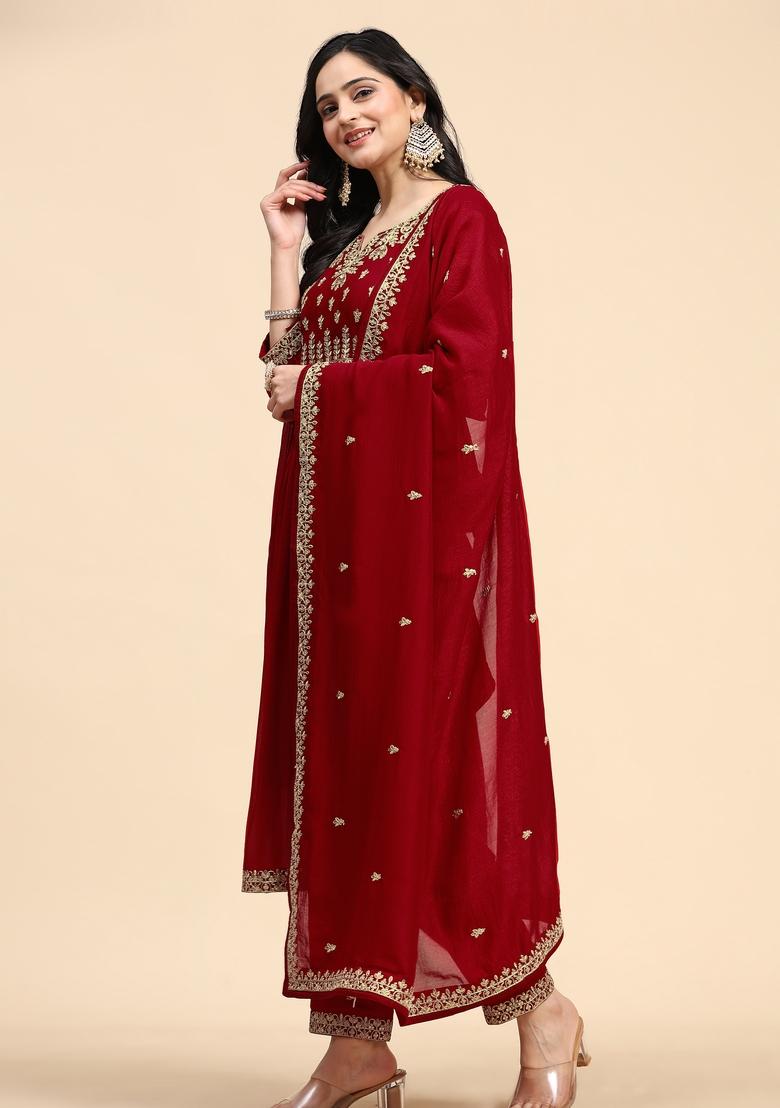 Red Embroidered Silk Kurta Set