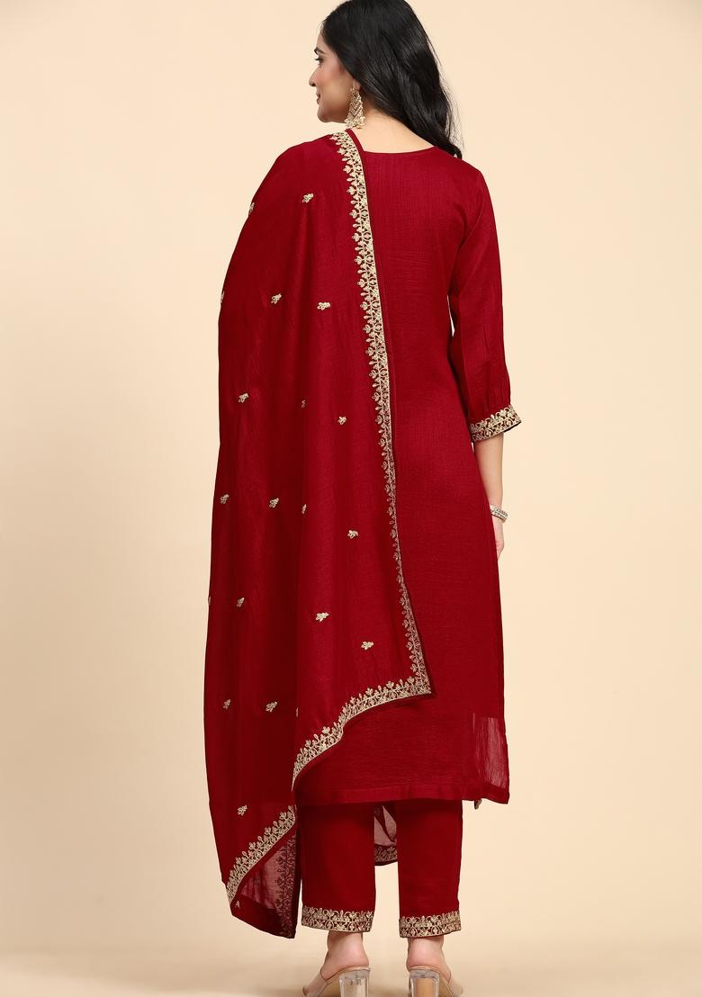 Red Embroidered Silk Kurta Set