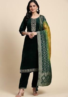 Green Embroidered Velvet Kurta Set