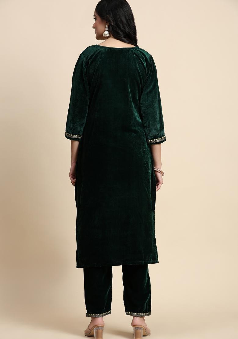 Green Embroidered Velvet Kurta Set