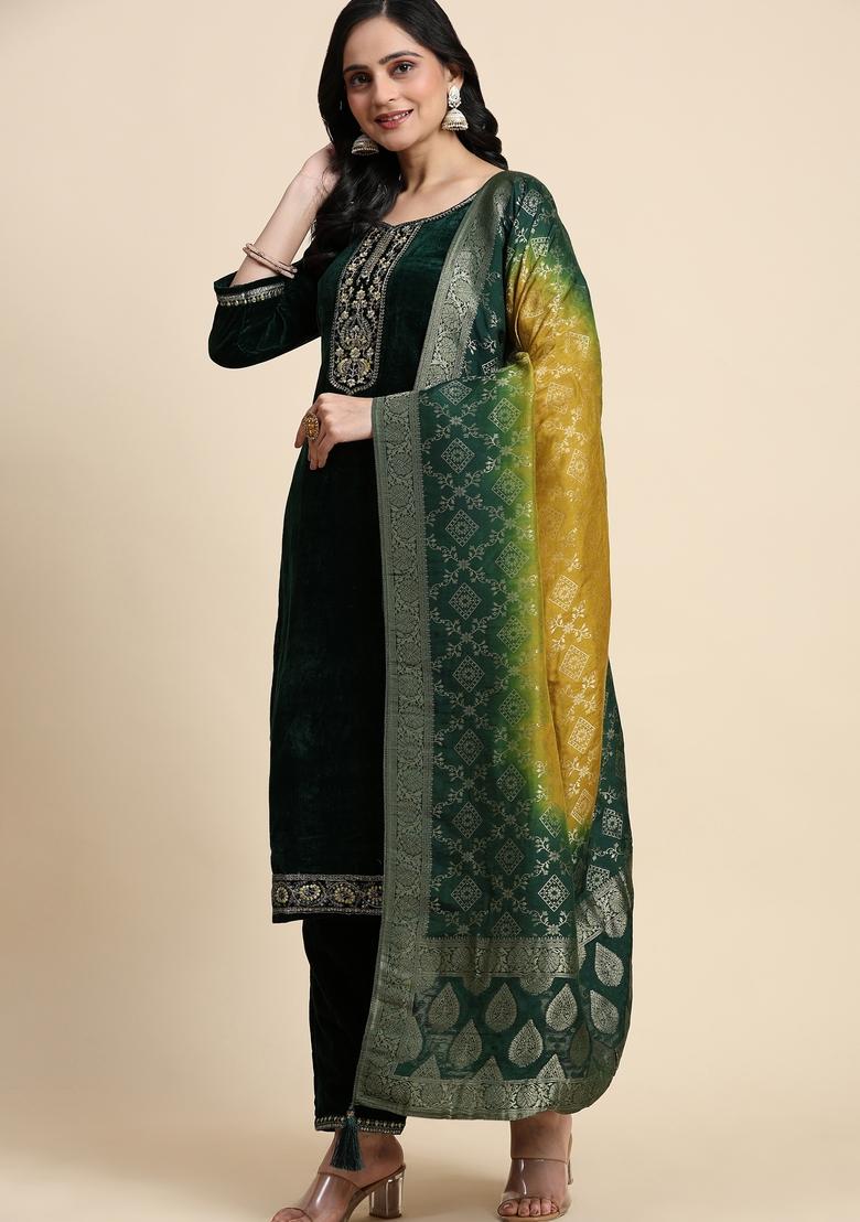Green Embroidered Velvet Kurta Set