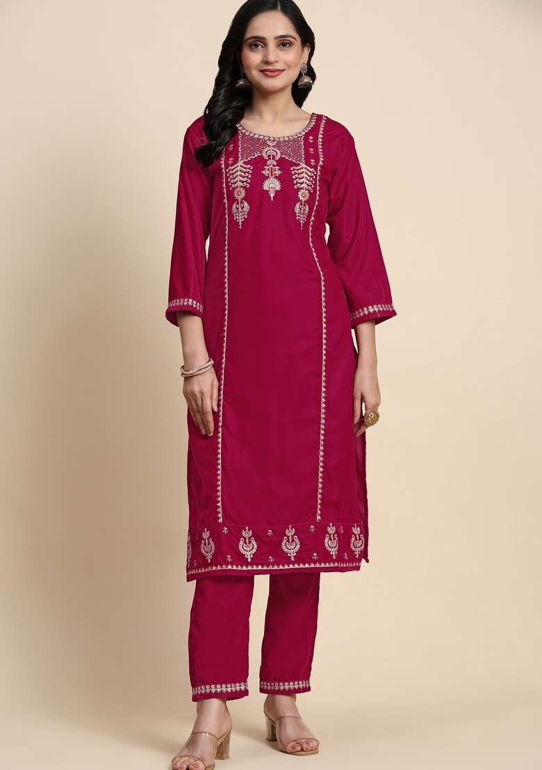 Pink Embroidered Velvet Kurta Set - Indya