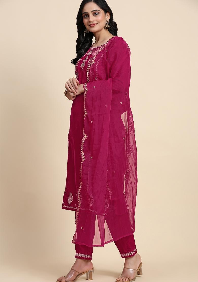 Pink Embroidered Velvet Kurta Set