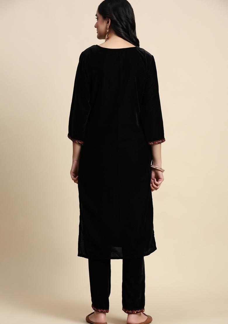 Black Embroidered Velvet Kurta Set