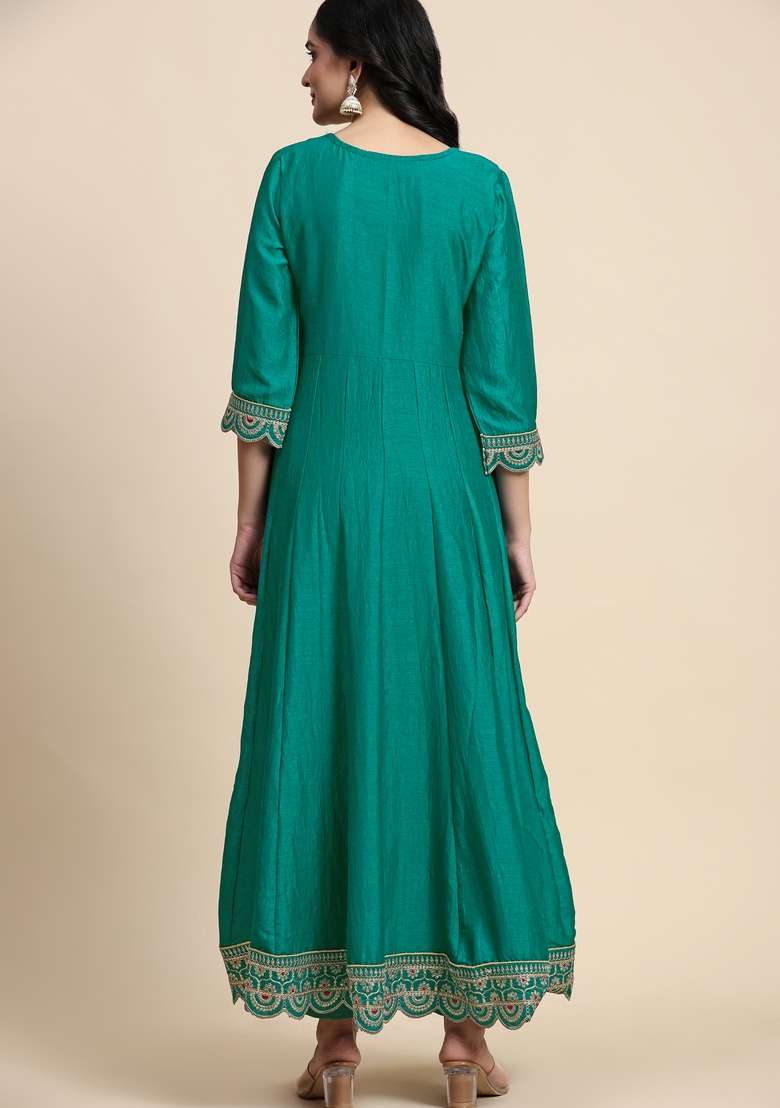 Turquoise Embroidered Silk Kurta Set - Indya