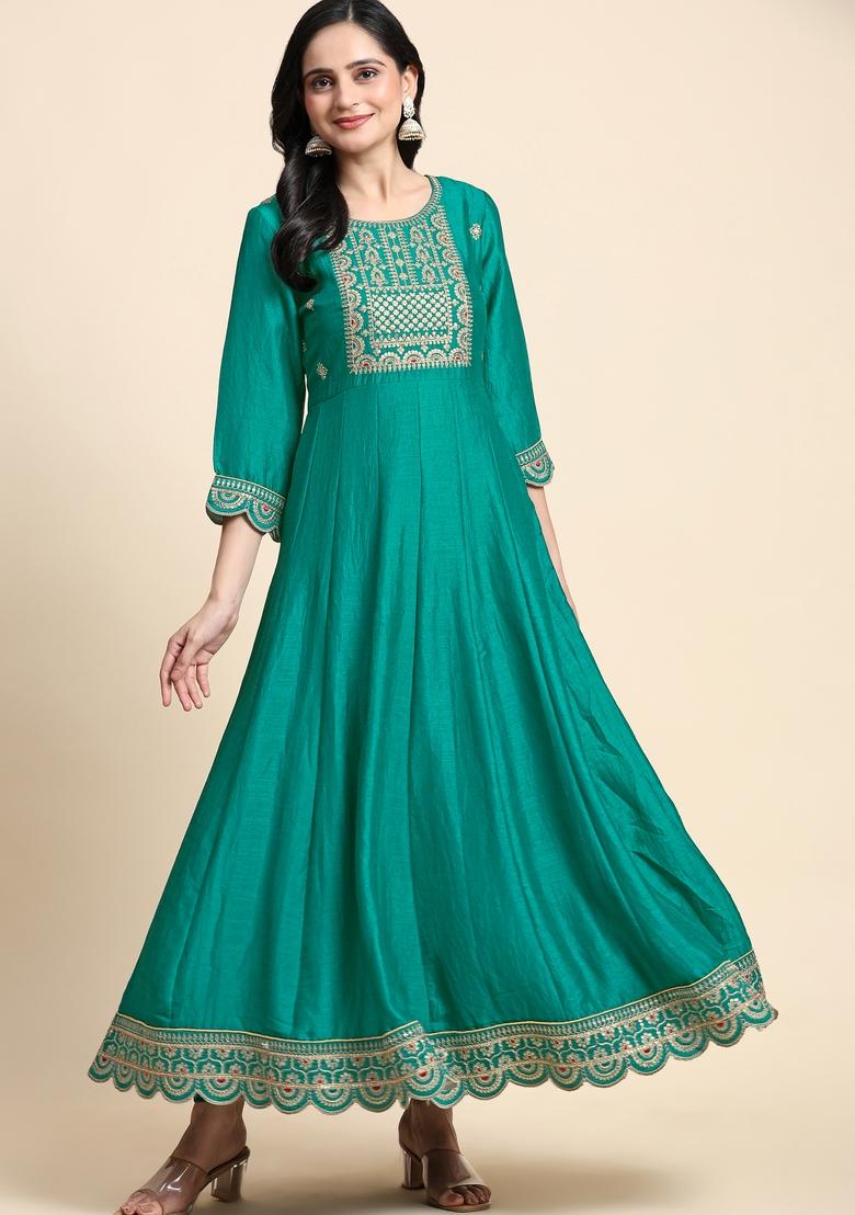 Turquoise Embroidered Silk Kurta Set