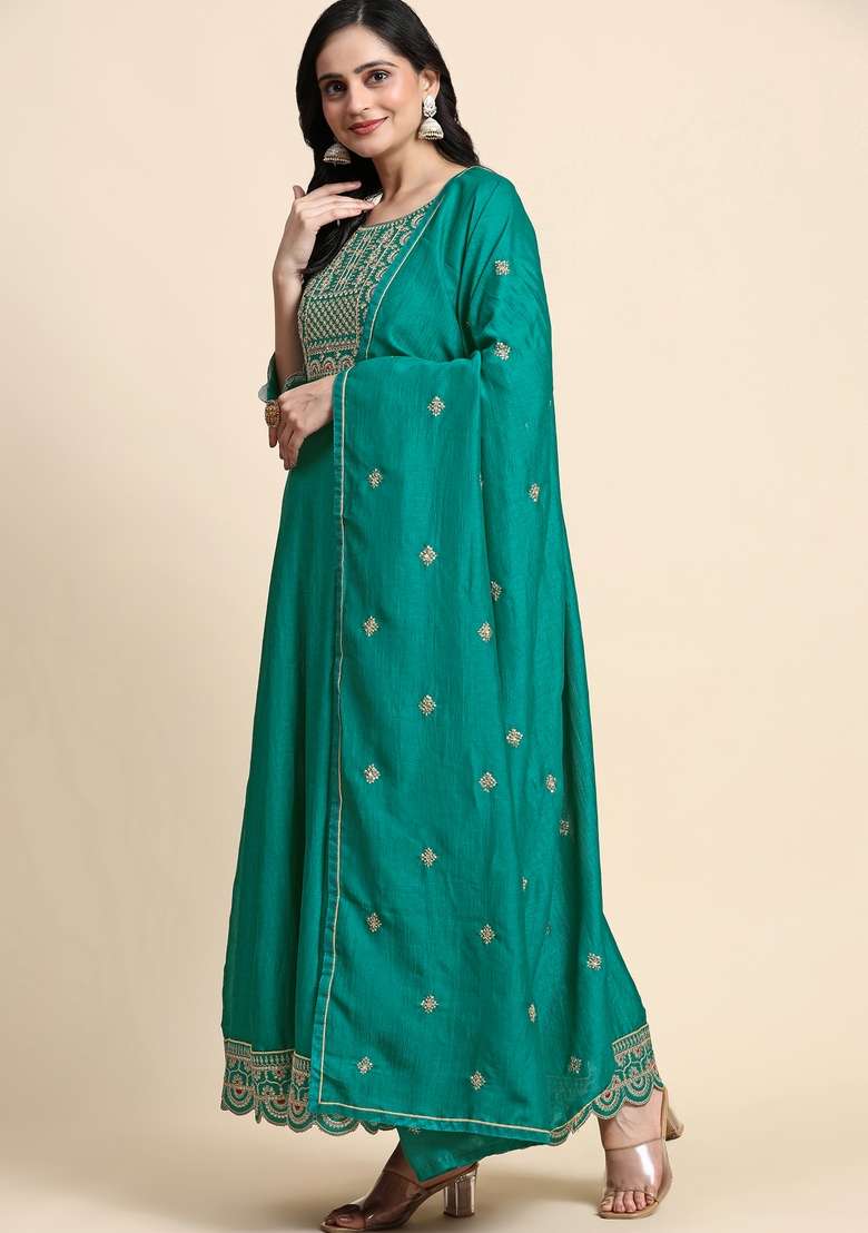 Turquoise Embroidered Silk Kurta Set - Indya