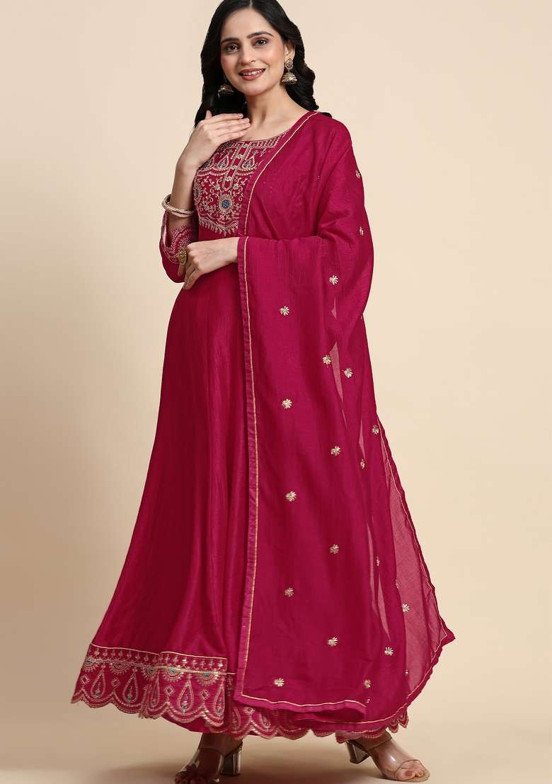 Pink Embroidered Silk Kurta Set - Indya
