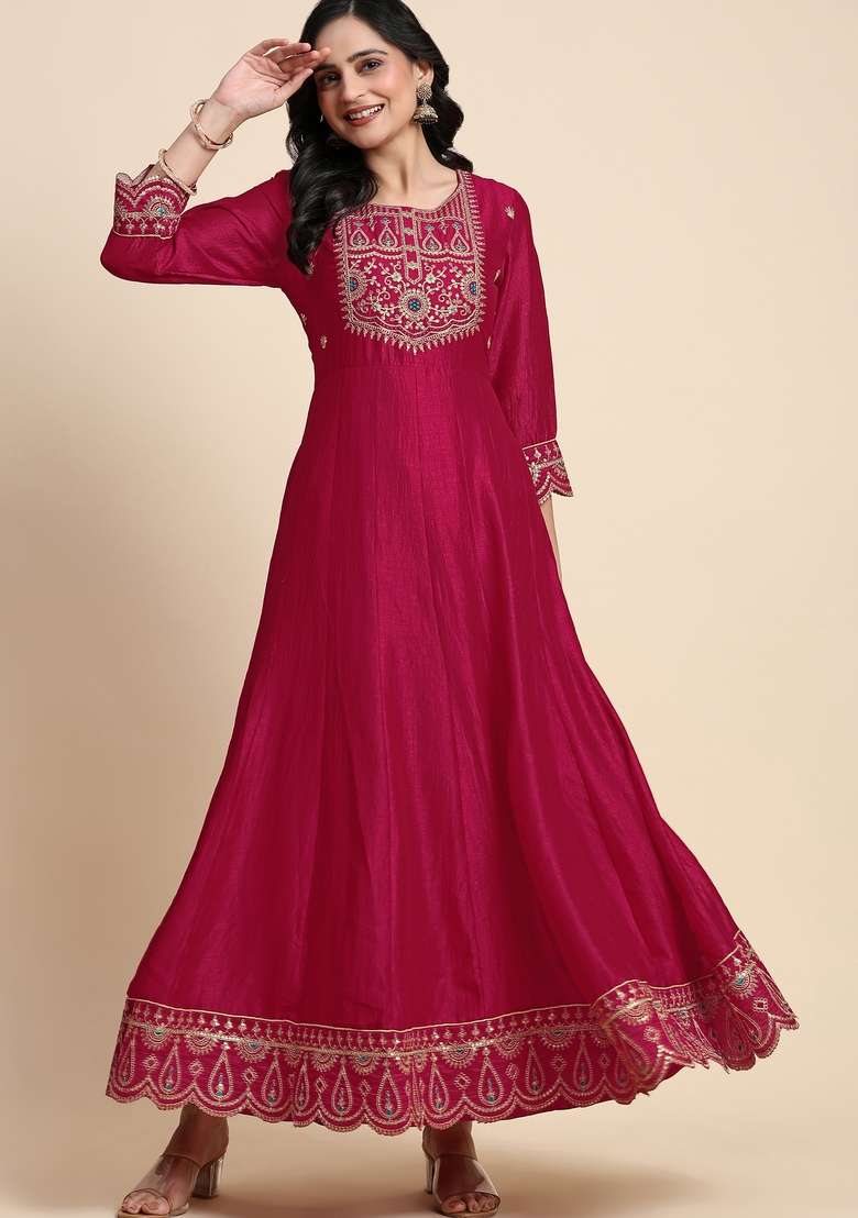 Pink Embroidered Silk Kurta Set - Indya