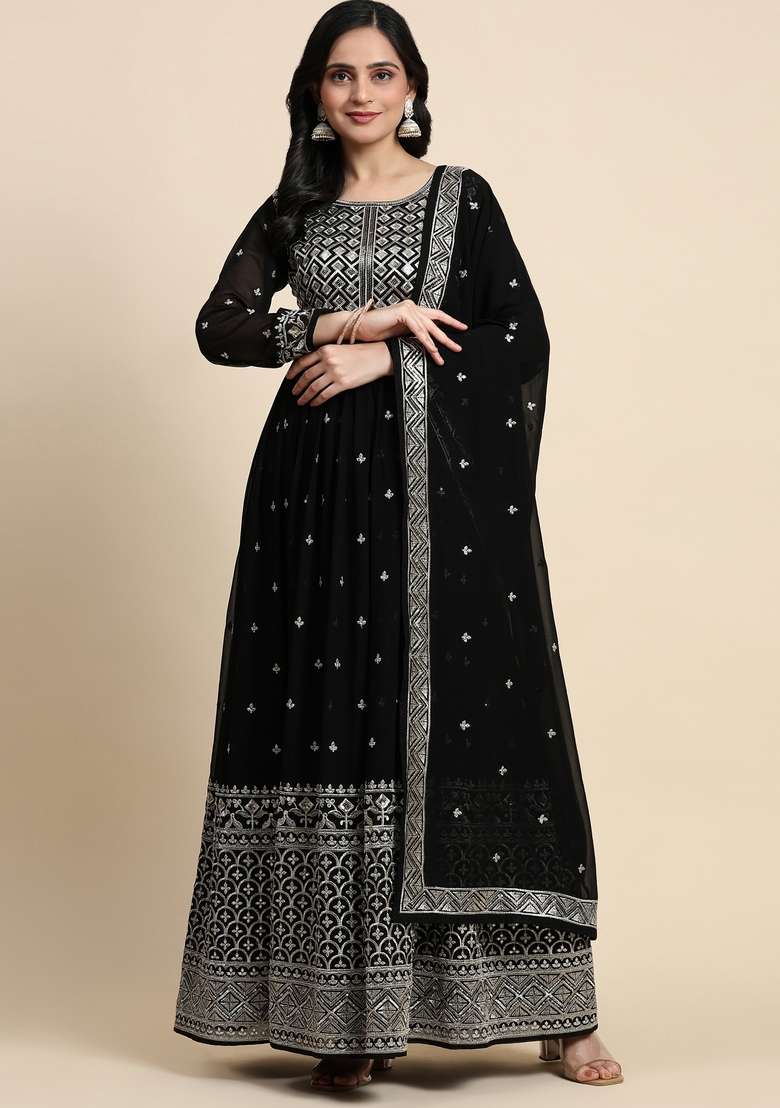 Black Embroidered Georgette Kurta Set - Indya