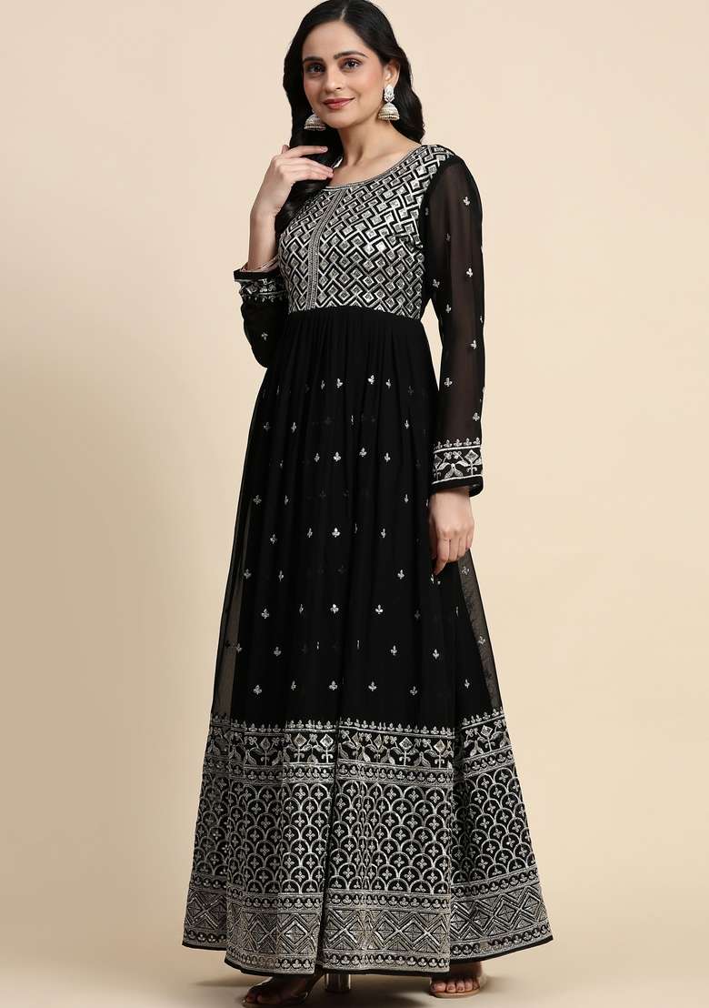 Black Embroidered Georgette Kurta Set - Indya