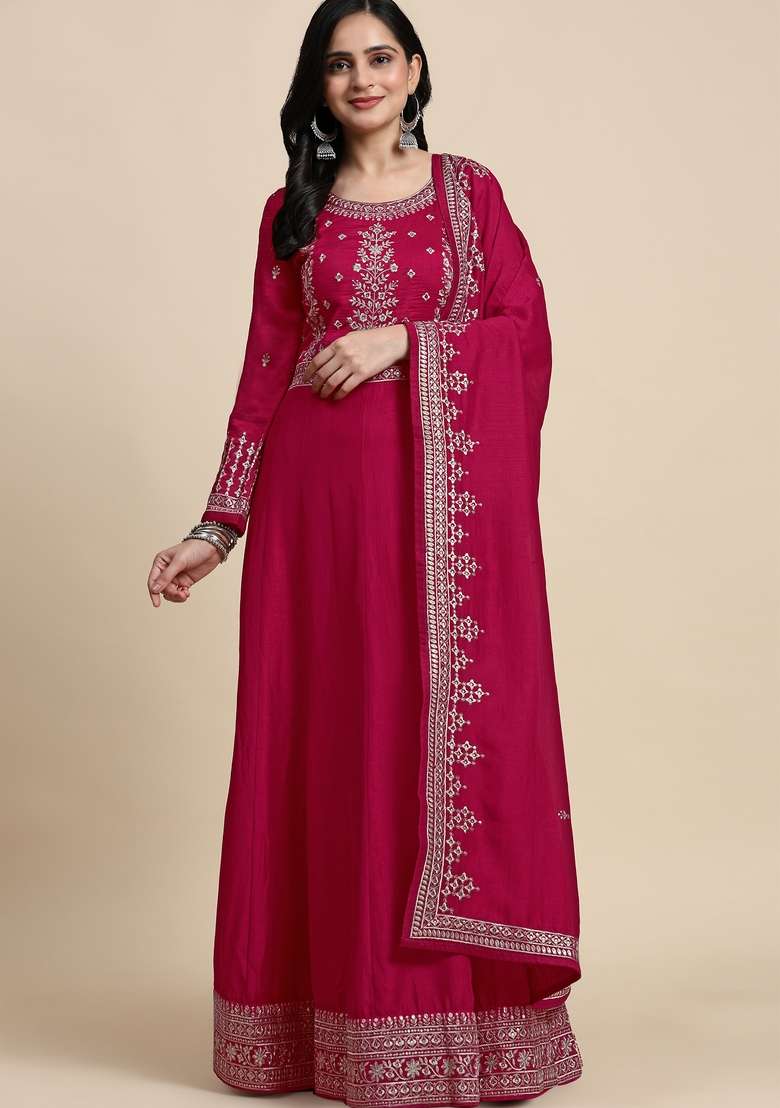 Pink Embroidered Silk Kurta Set - Indya