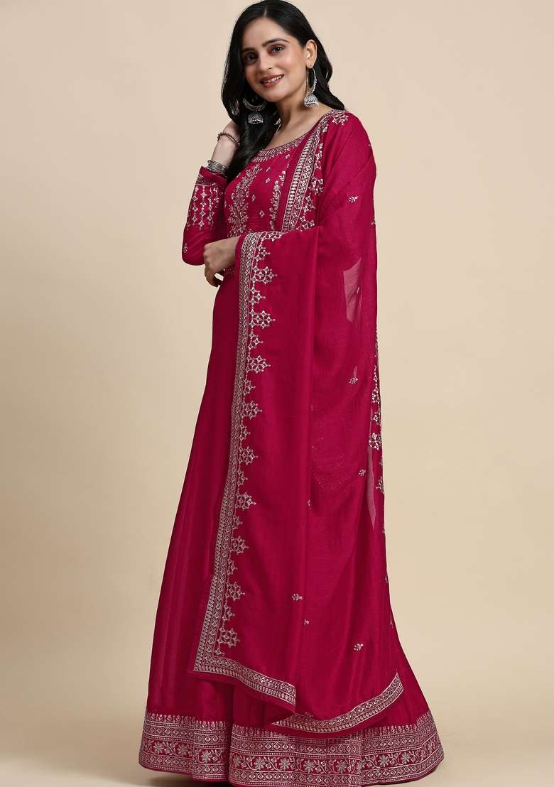 Pink Embroidered Silk Kurta Set - Indya