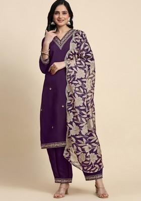 Purple Embroidered Chanderi Kurta Set