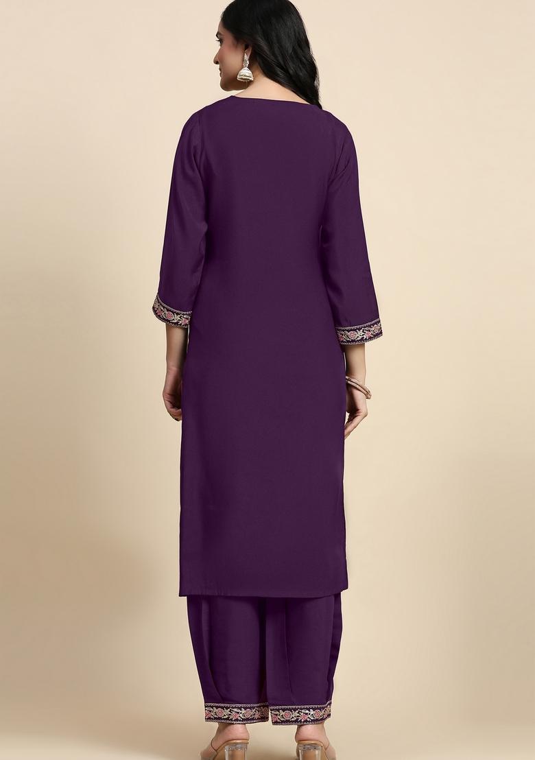 Purple Embroidered Chanderi Kurta Set