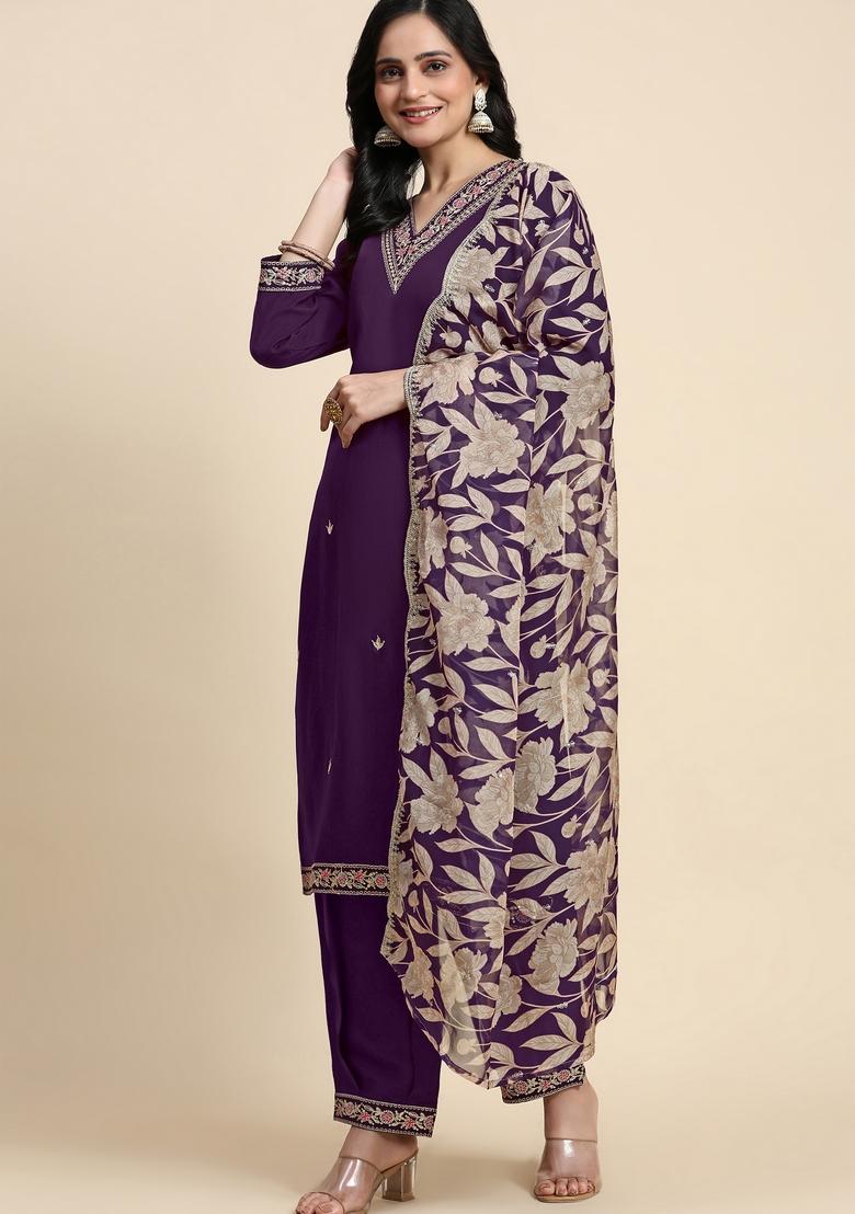 Purple Embroidered Chanderi Kurta Set