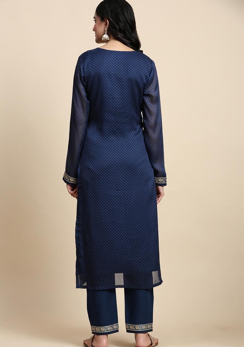 Blue Embroidered Chiffon Kurta Set