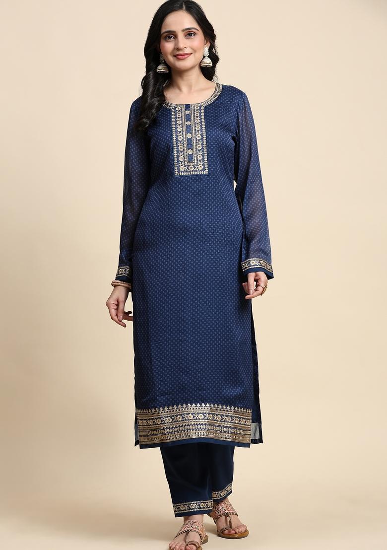 Blue Embroidered Chiffon Kurta Set