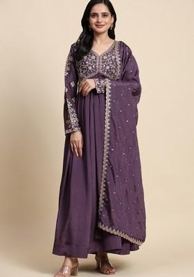 Purple Embroidered Chinon Kurta Set