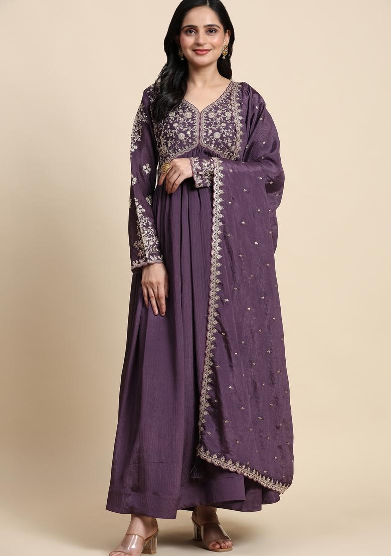 Purple Embroidered Chinon Kurta Set