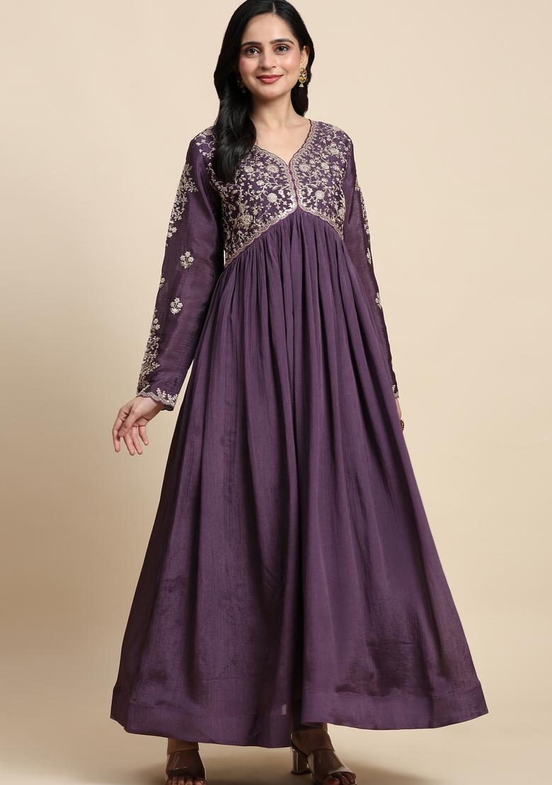 Purple Embroidered Chinon Kurta Set