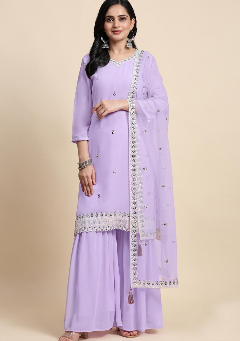 Lightpurple Embroidered Georgette Kurta Set