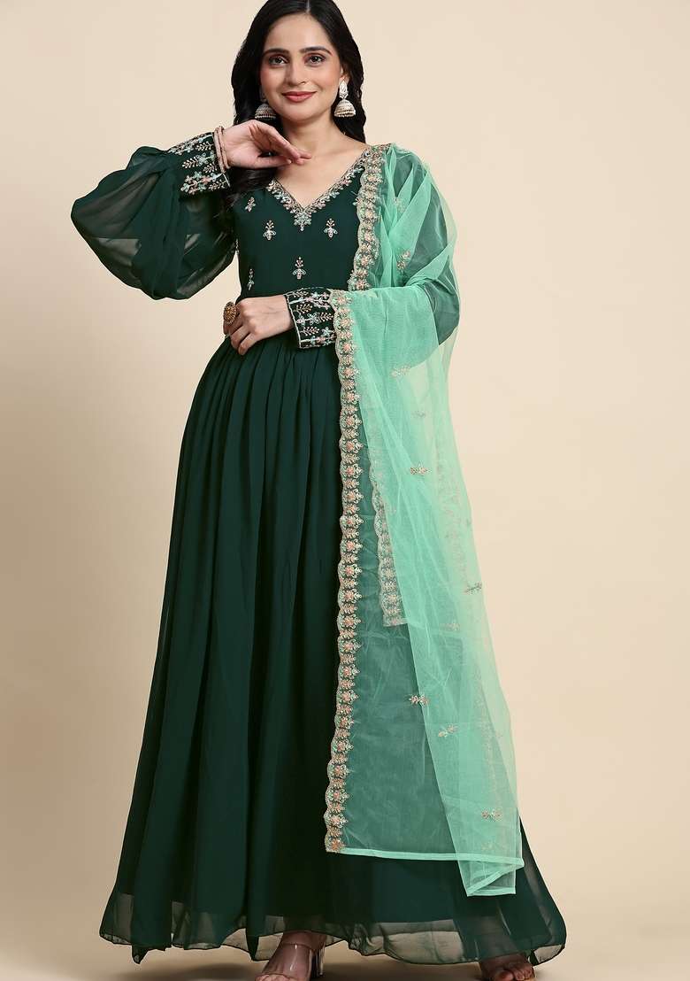 Darkgreen Embroidered Georgette Kurta Set - Indya