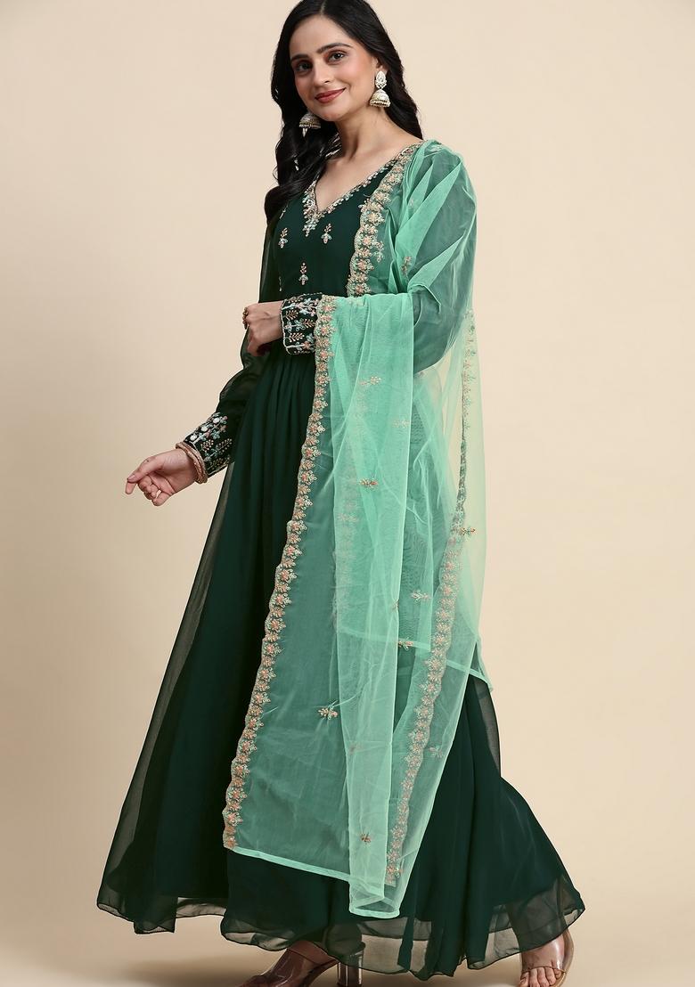 Darkgreen Embroidered Georgette Kurta Set