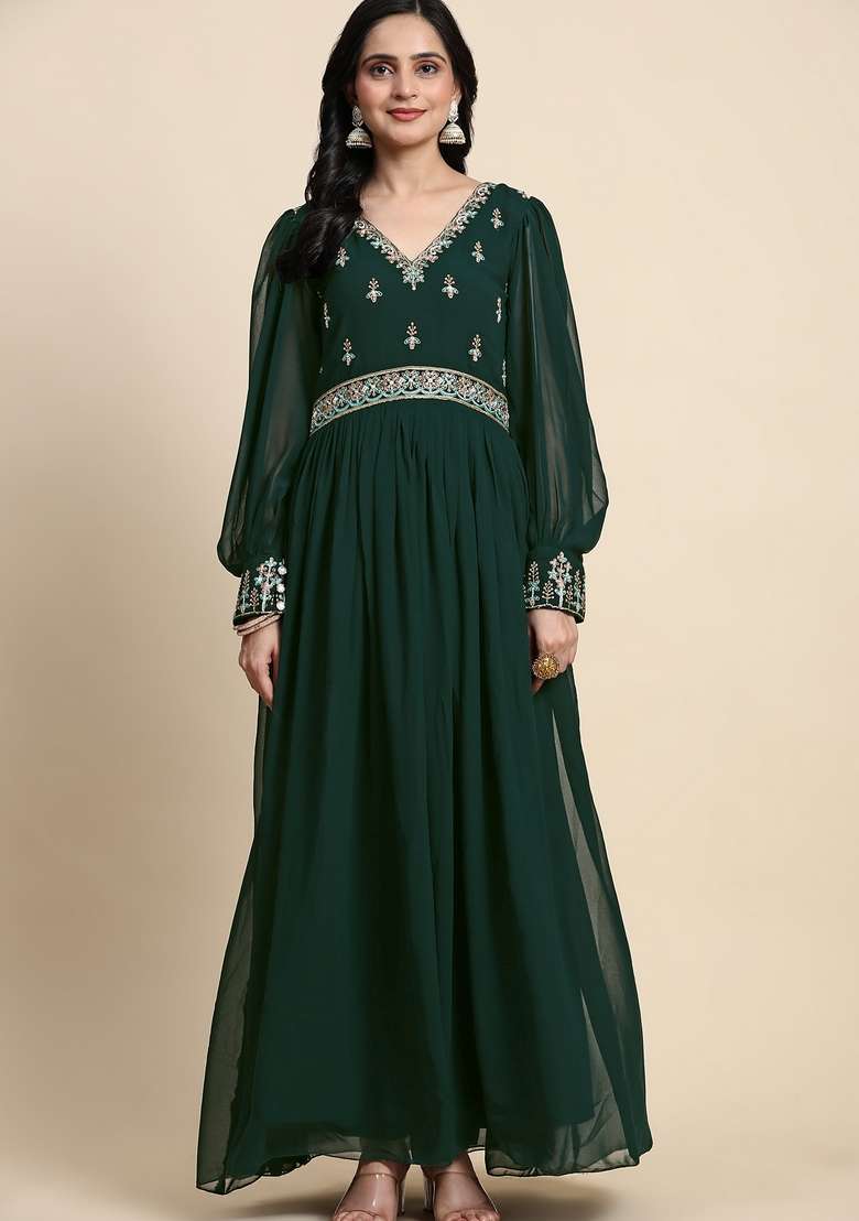 Darkgreen Embroidered Georgette Kurta Set - Indya