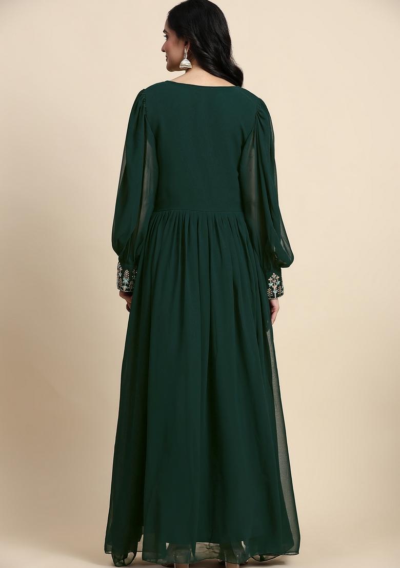 Darkgreen Embroidered Georgette Kurta Set