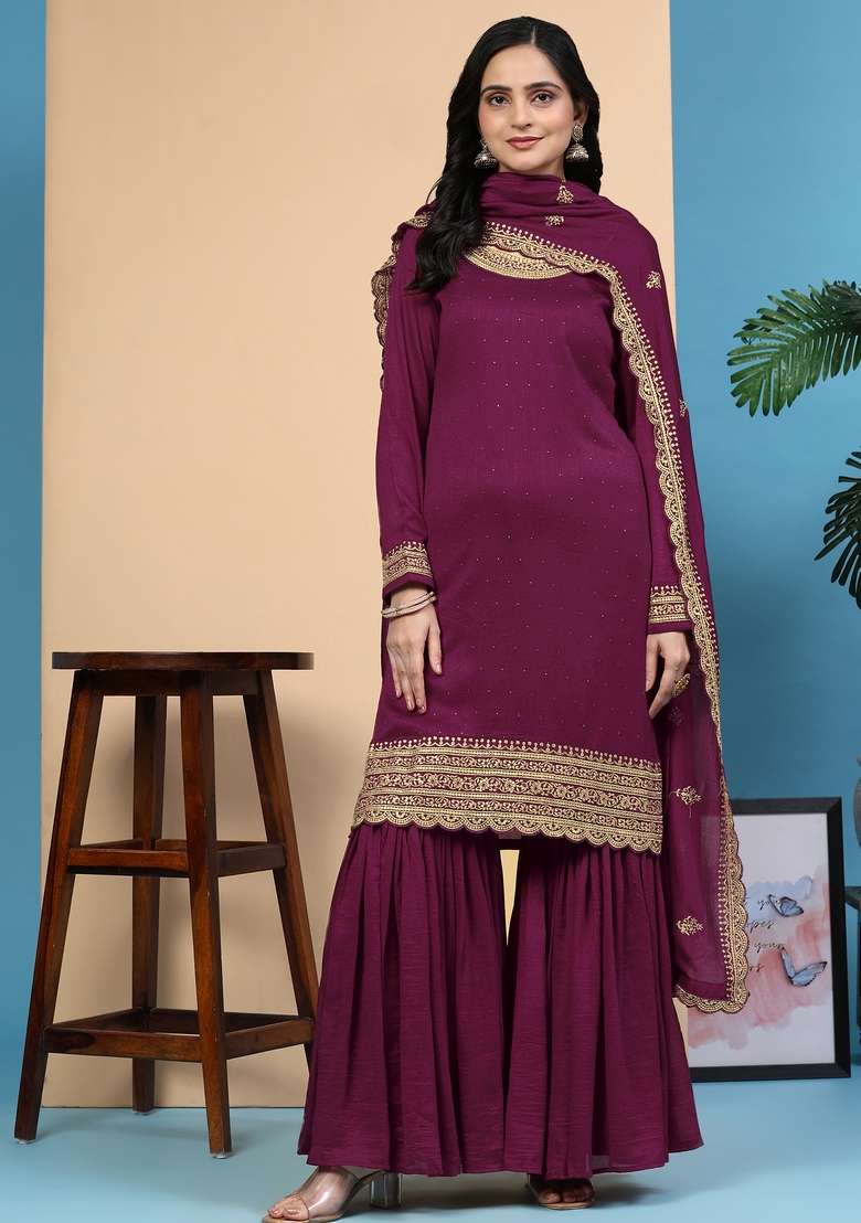 Purple Embroidered Silk Kurta Set - Indya