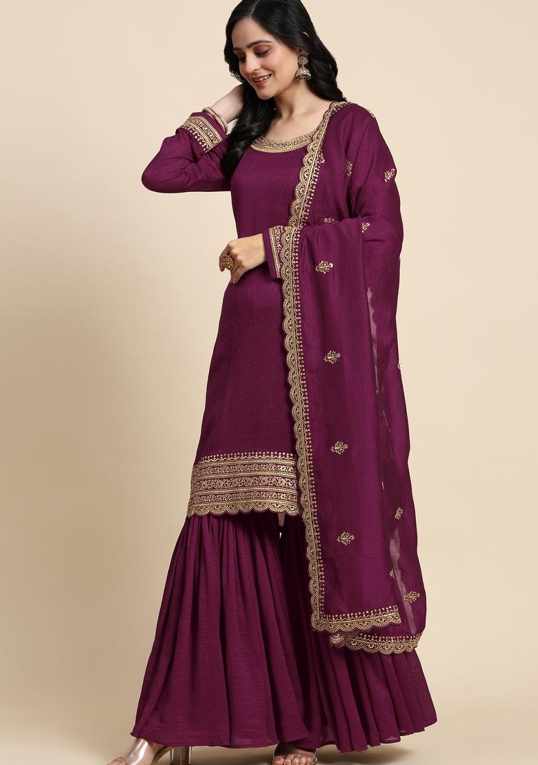 Purple Embroidered Silk Kurta Set