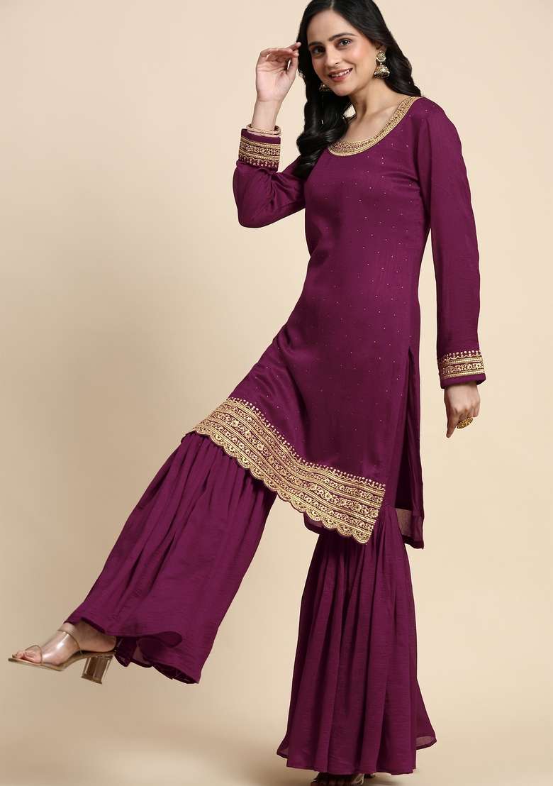 Purple Embroidered Silk Kurta Set - Indya