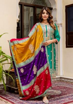 Green Embroidered Chinon Kurta Set