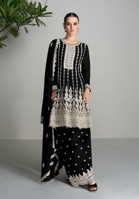 Black Embroidered Silk Kurta Set
