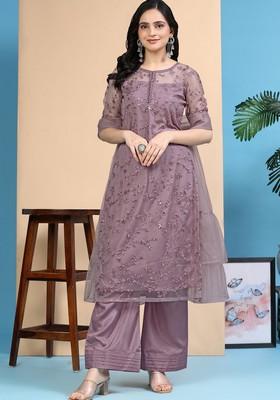 Purple Embroidered Net Kurta Set