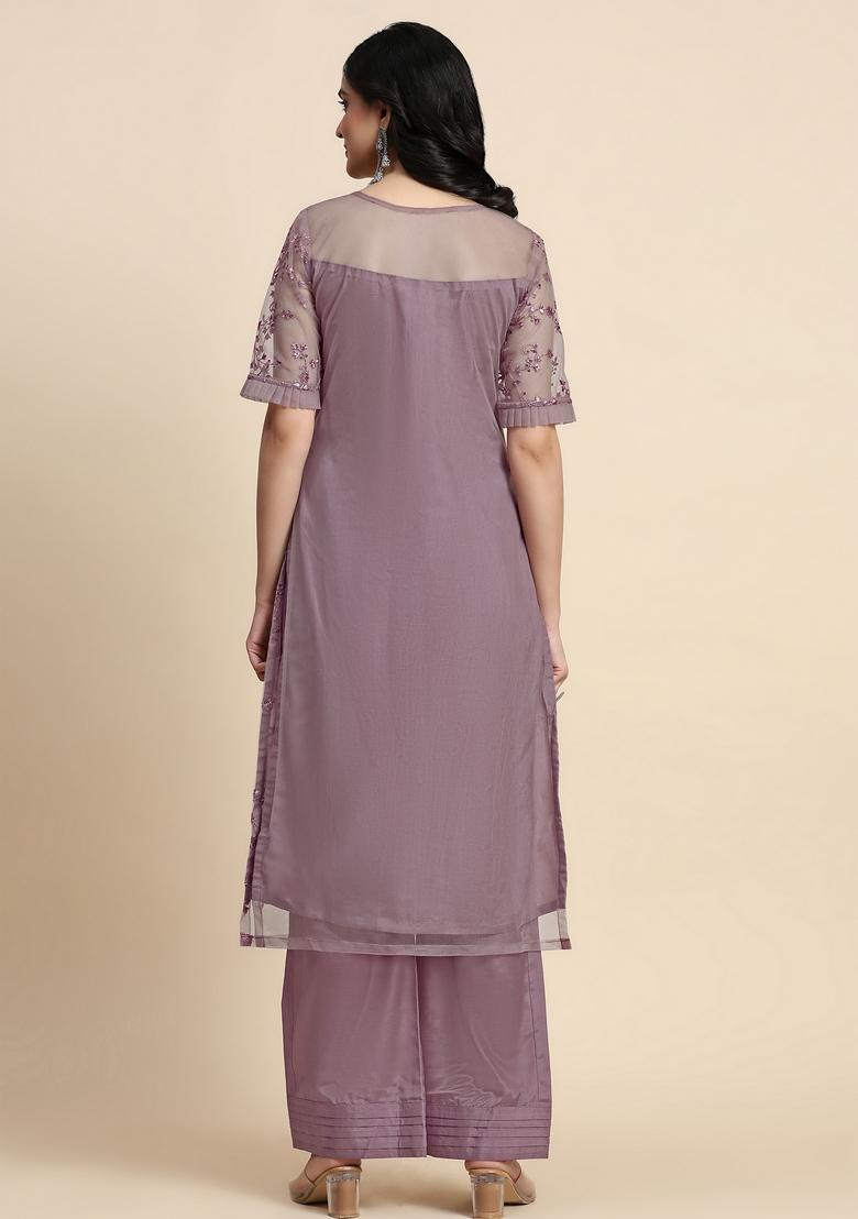 Purple Embroidered Net Kurta Set