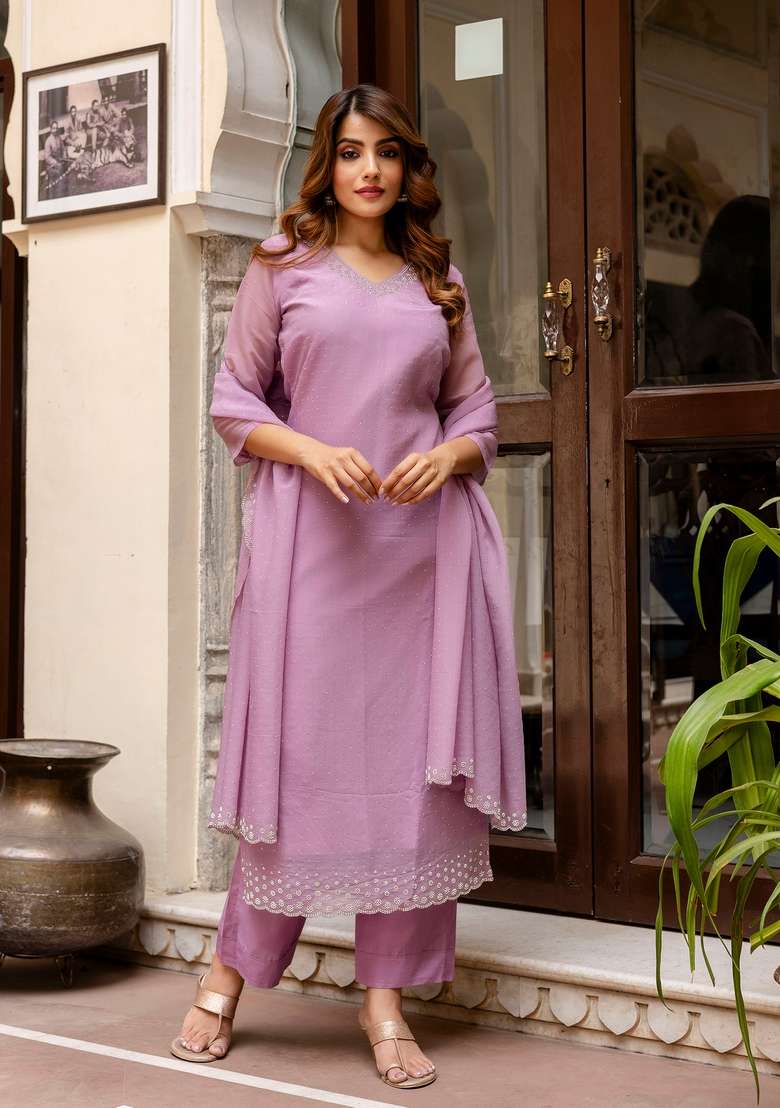 Purple Embroidered Chiffon Kurta Set - Indya