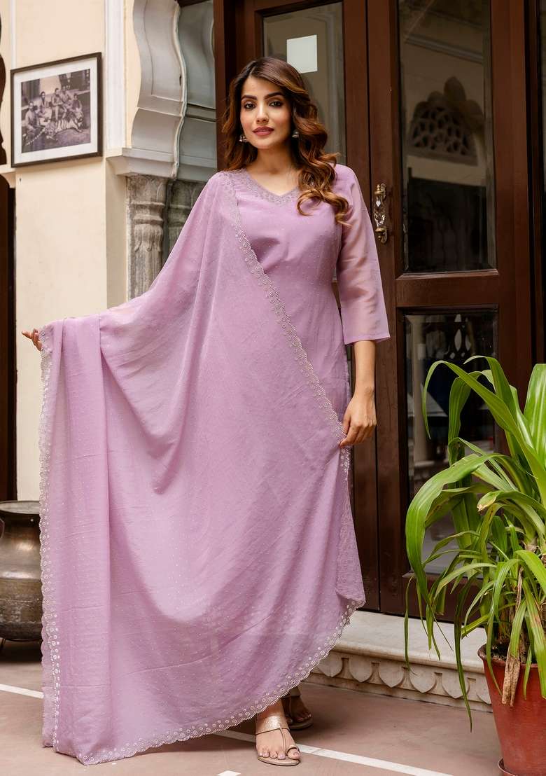 Purple Embroidered Chiffon Kurta Set - Indya