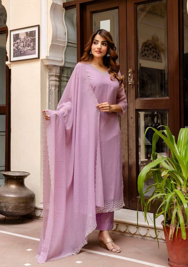 Purple Embroidered Chiffon Kurta Set - Indya