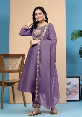 Lightpurple Embroidered Silk Kurta Set