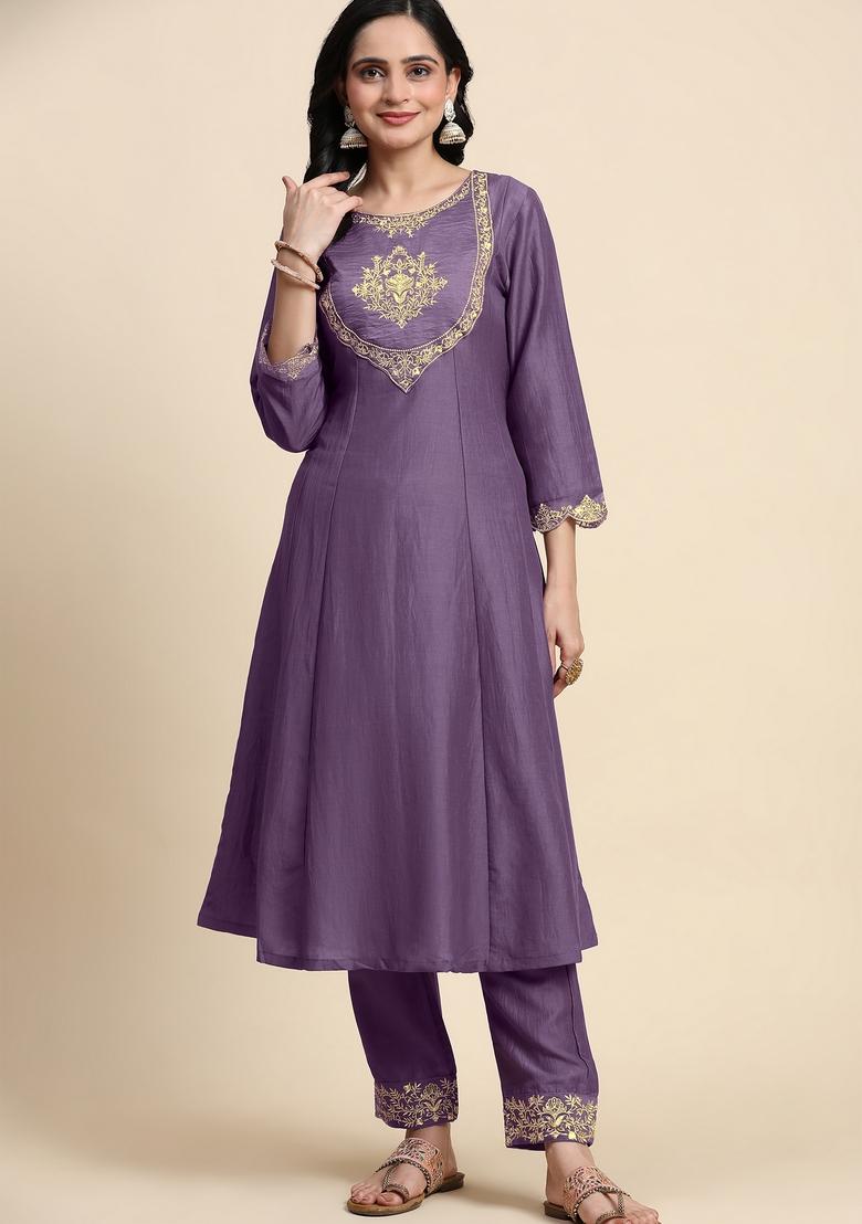 Lightpurple Embroidered Silk Kurta Set