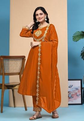 Orange Embroidered Silk Kurta Set